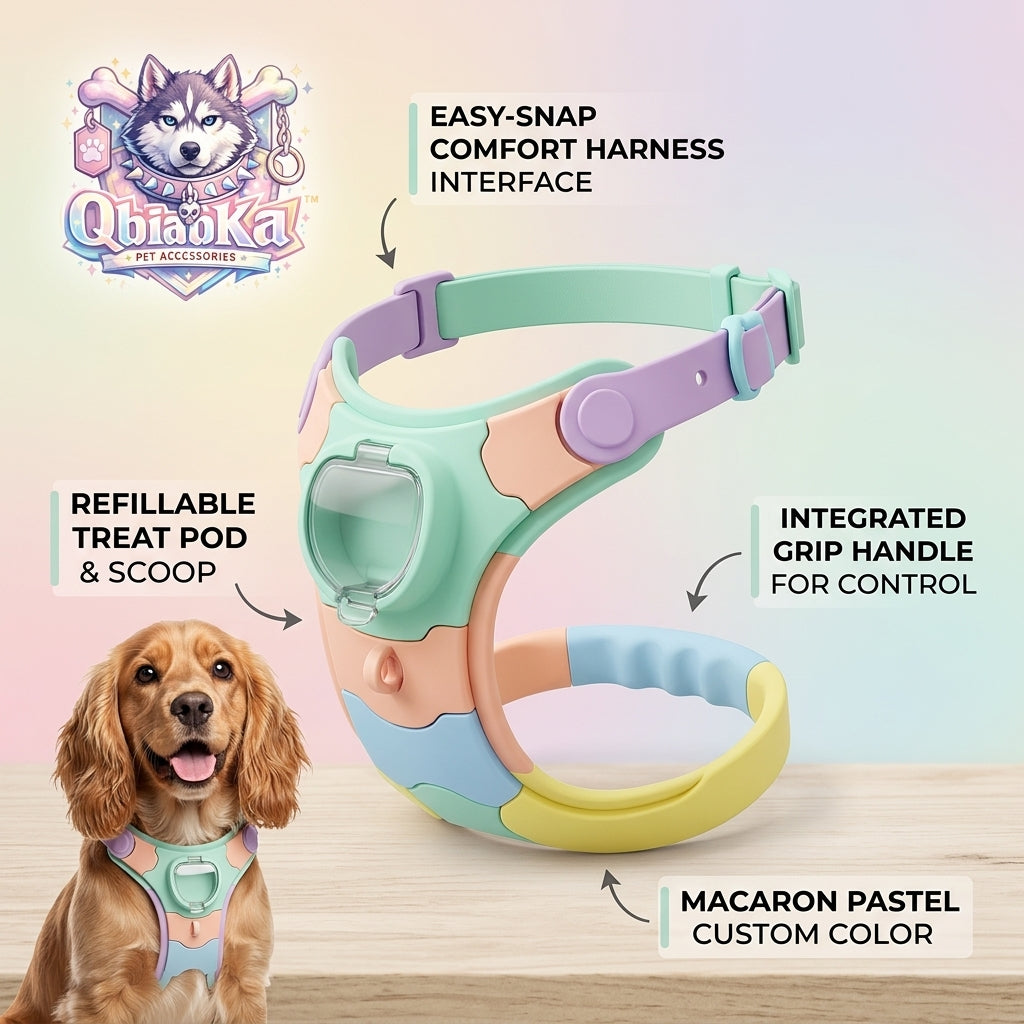 QbiabKa™ Macaron Pastel Dog Harness with Built-in Refillable Treat Pod & Scoop, Integrated Control Grip Handle, Easy-Snap Comfort No-Pull Pet Vest Harness for Small & Medium Dogs, Cute Aesthetic Puppy Walking Harness