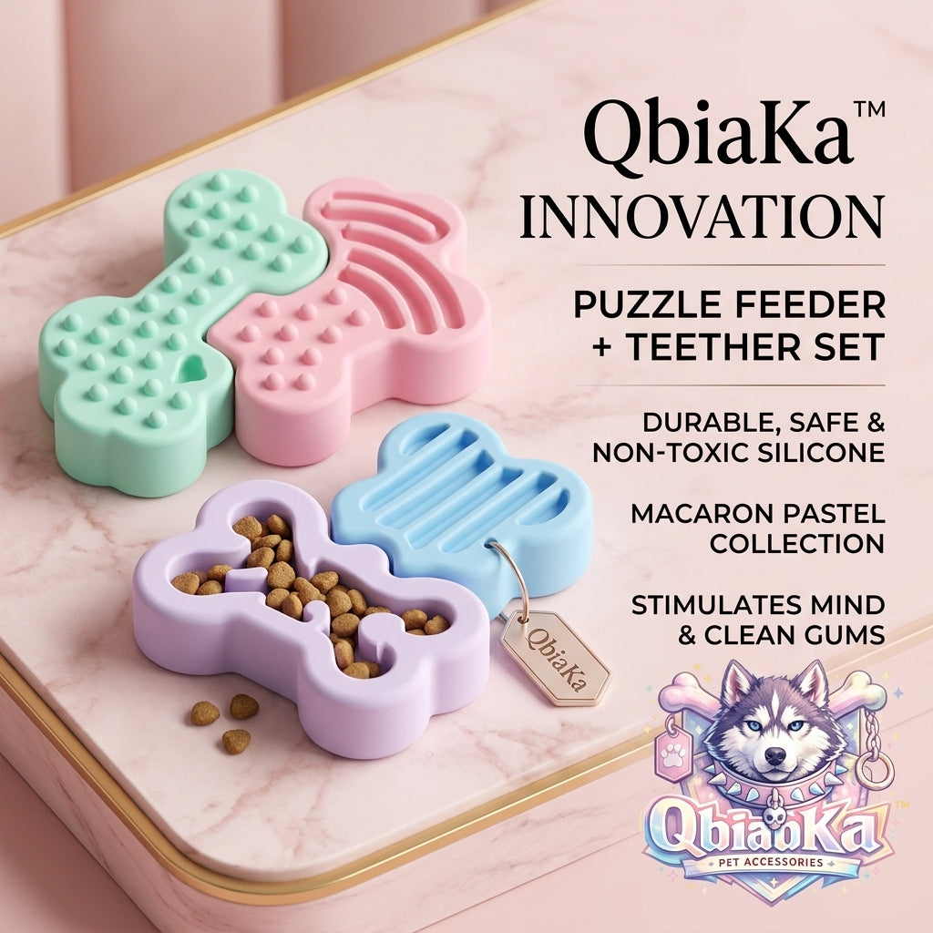 QbiabKa™ 4-Pack Dog Puzzle Feeder and Teething Toy Set - Durable Non-Toxic Food-Grade Silicone Slow Feeder Chew Toys for Puppies & Medium Dogs, Interactive Enrichment Toys for Boredom, Dental Health & Soothing Gums (Macaron Pastel
