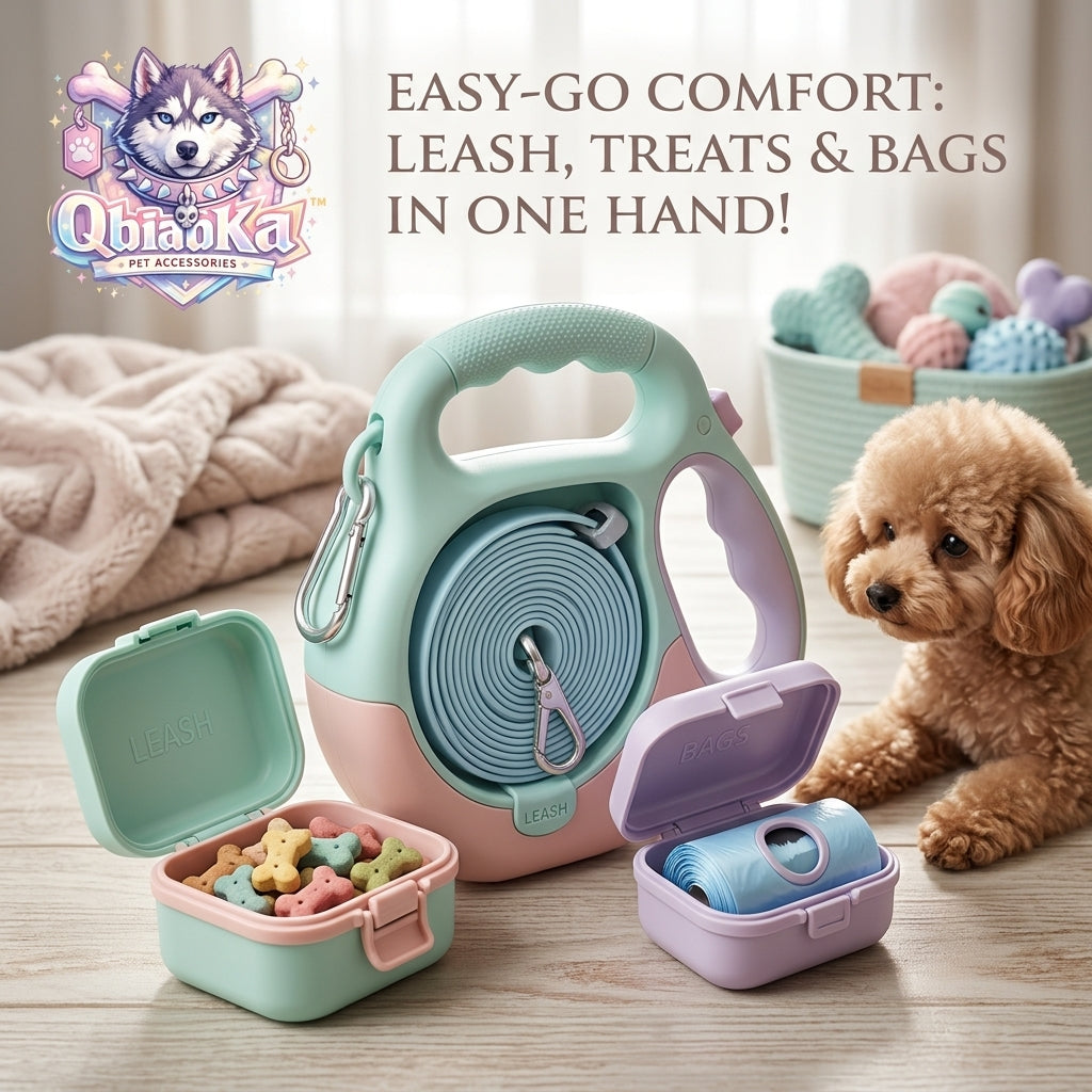 Qbiaoka™ 3-in-1 Dog Walking Organizer - Multi-Functional Leash Holder with Detachable Dog Treat Dispenser and Poop Bag Holder, Portable Hands-Free Dog Walking Gear for Puppies, Small & Medium Dogs