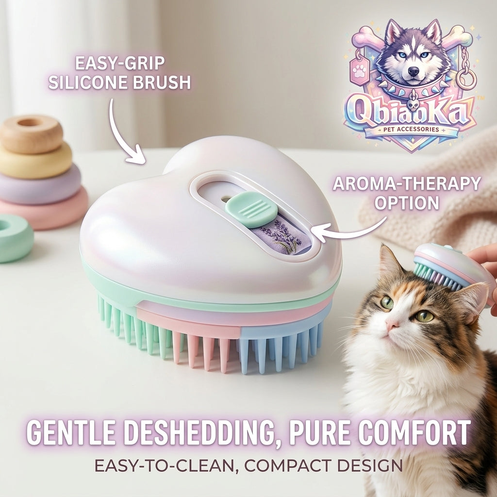 产品名称: QbiaoKa™ Heart-Shaped Silicone Pet Grooming Brush | Gentle Deshedding & Massage Comb for Cats & Dogs | Aromatherapy Infused, Easy-to-Clean, Compact Pet Hair Remover