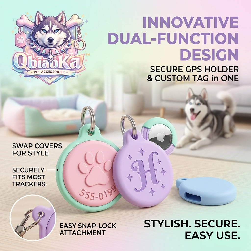 QbiabKa™ 2-in-1 Personalized Dog ID Tag and GPS Tracker Holder Case, Custom Silicone Pet Tag with Interchangeable Protective Covers, Secure Anti-Lost AirTag Dog Collar Accessory for Dogs and Cats