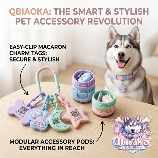 Qbiaoka™ Smart QR Code Pet ID Tags & Modular Accessory Pods Set | Personalized Silent Dog & Cat Collar Charms | Stackable Travel Storage Container for Pet Essentials | Pastel Macaron Aesthetic