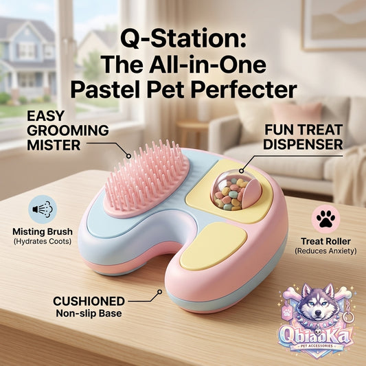 QbiabKa™ Q-Station 3-in-1 Pet Grooming Steamy Brush with Interactive Treat Dispenser | Pastel Cat & Dog Water Spray Deshedding Brush, Anxiety Relief Treat Roller & Non-Slip Base