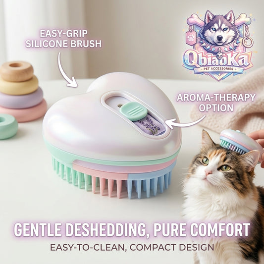 产品名称： QbiaoKa™ Heart-Shaped Silicone Pet Grooming Brush | Gentle Deshedding & Massage Comb for Cats & Dogs | Aromatherapy Infused, Easy-to-Clean, Compact Pet Hair Remover